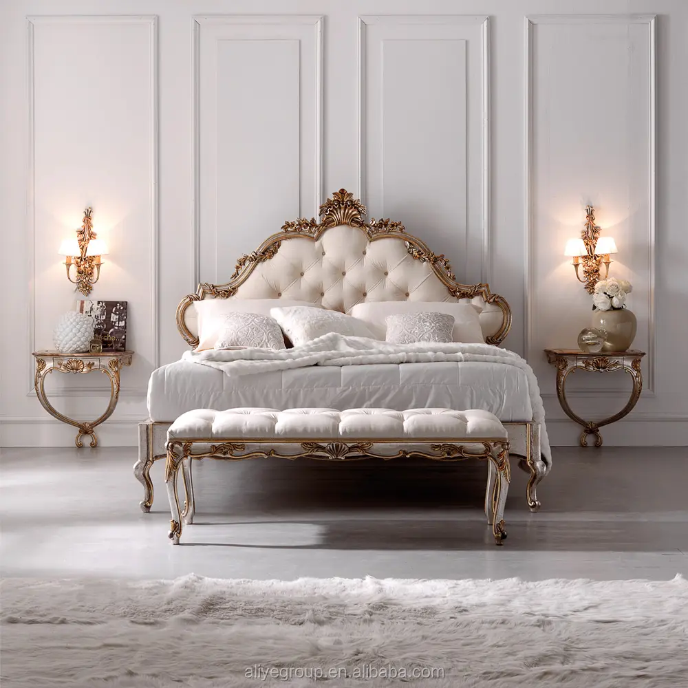โรโคโคคลาสสิกหรูหราเตียงฝรั่งเศสกรอบไม้หนังชุดเตียงคู่สำหรับเฟอร์นิเจอร์ห้องนอน