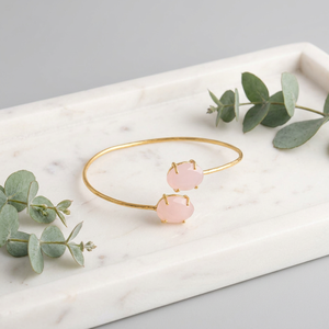 Pulsera Ajustable de Calcedonia Rosa de Moda al por Mayor, Bañada en Oro de 18k, con Doble Piedra Engastada, Joyería de Brazalete Abierto - Product Image 4