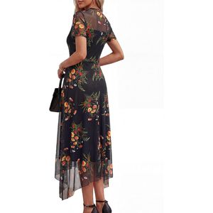 Robe de cocktail FOXA pour femme, été, manches courtes, maille florale transparente, mi-longue, coupe trapèze, col montant, en mousseline, élégante pour soirée et mariage - Product Image 4