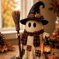 Ensemble de 5 décorations d'Halloween en bois : lanternes monstres, figurines citrouille, fantôme, momie, squelette et balai en MDF
