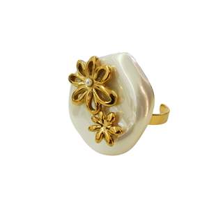 Fashion <b>Ring</b> With Gold Plated Flower Design White Pearl Stone <b>Adjustable</b> Band For Women Jewelry - Product Image 1