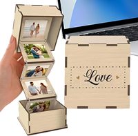 Boîte de rangement pour photos en bois avec affichage de photos à clapet, 3,54 x 3,54 x 1,81 po, boîte à souvenirs, album photo rustique, boîte cadeau
