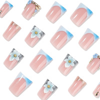 Faux ongles carrés à presser personnalisables en PMMA, courts, base rose pailletée, pointes françaises bleues, décorations 3D fleurs et feuille d'or, pour usage quotidien et fêtes, vente en gros