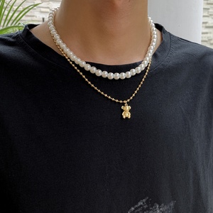 Collana Creativa a Doppio Strato <span class=keywords><strong>con</strong></span> Perle e Orsetto per Uomo, Semplice Girocollo <span class=keywords><strong>con</strong></span> Catena Intrecciata, Raffinata Collana Maschile da Regalo - Product Image 2