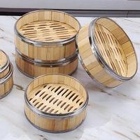 J8 Panier vapeur en bambou chinois écologique de grande capacité avec anneaux en acier pour boulettes et défroisseurs de légumes