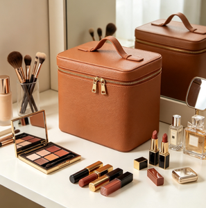 Étui portable en cuir PU, boîte de rangement cosmétique à double fermeture éclair, étui de voyage pour organiser le maquillage et les produits de soin de la peau - Product Image 5