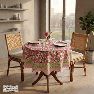 Modern Hand Block Printed Round Cotton <b>Table</b> <b>Cover</b> 45inch Floral Pink White Outdoor Use Washable Pastoral Style - Product Image 3