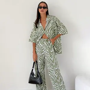 new fashion satin zebra stripe suit women 2023 summer short-sleeved shirt high-waisted pants two-piece