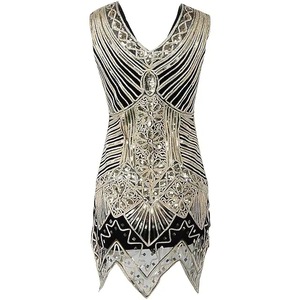 1920s Retro Beaded <b>Sequined</b> Sleeveless <b>Skirt</b> V-neck Empire Waist Sheath Vintage Evening Gown Adult Women <b>Plus</b> <b>Size</b> XS-4XL - Product Image 3