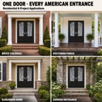 Porte d'entrée double en fer forgé sur mesure avec grille décorative cintrée et isolation thermique pour villa américaine