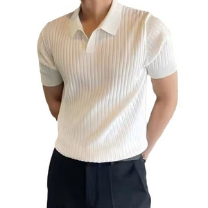เสื้อโปโลถักสำหรับผู้ชาย แขนสั้น ระบายอากาศได้ดี ทรงเข้ารูป สวมใส่สบาย คอวี ปกพับได้ สไตล์ผ้าไหมน้ำแข็ง - Product Image 5