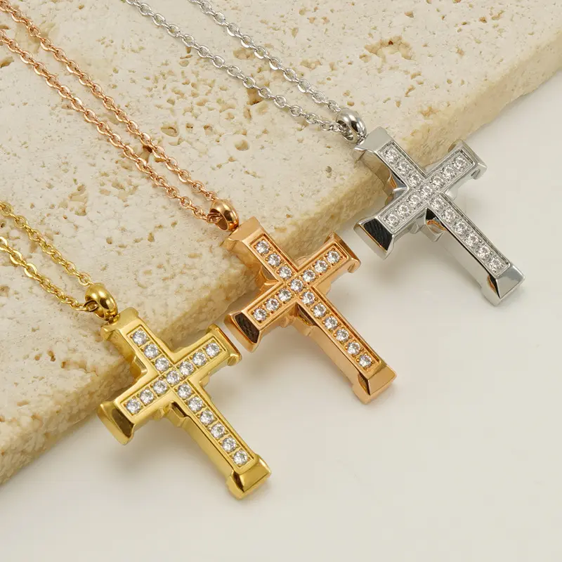 Hand Inlay Zircon Cross Necklace Women New Design Diamond Necklace Cross Hot Seller Traditional Cross Necklace For Men And Women
