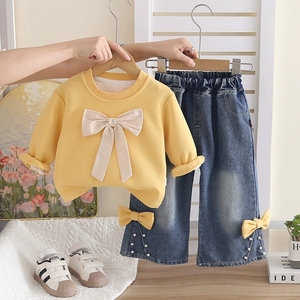 Conjunto de Dos Piezas de Primavera y Otoño para <span class=keywords><strong>Niñas</strong></span>, Camisa de Encaje a la Moda + Pantalones de Mezclilla con Lazo y Campana - Product Image 2