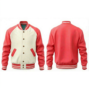 เสื้อแจ็คเก็ตวาร์ซิตี้สีแดงและสีครีมสำหรับผู้ชาย ปิดด้วยกระดุม ทรงปกติ สวมใส่ได้ในฤดูใบไม้ร่วง สไตล์ลำลอง ปกเสื้อแบบพับลง - Product Image 1