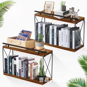 Wooden Wall Mounted <b>Shelf</b> 2 Tier Rectangle Retro Color Multipurpose Home Display <b>Rack</b> For Books Plants Decoration - Product Image 4