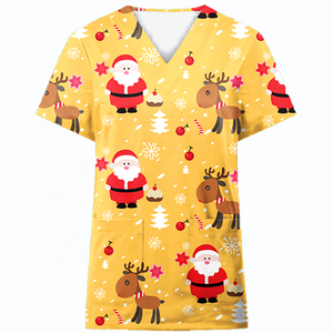 Blouses médicales personnalisées en gros pour Noël et Thanksgiving, imprimées, col en V, hauts de travail pour femmes avec poche - Product Image 1