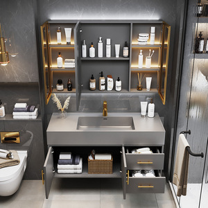 Micro Crystal Modern Minimalist Sintered Stone Integrated Basin Bathroom Vanity <b>Set</b> Bathroom Wash Sink - Product Image 5