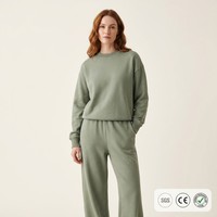 Ensemble de luxe personnalisé pour femme en coton biologique, 400g, grammage lourd, avec pull ample côtelé uni et pantalon large, OEM ODM