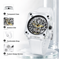 Montre-bracelet automatique carrée personnalisée, étanche, mouvement squelette tourbillon, montre mécanique en saphir pour homme