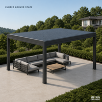 Pergola bioclimatique motorisée en aluminium et verre trempé MEIXIN ORLANDO, pour jardin d'hôtel de luxe moderne, terrasse extérieure.