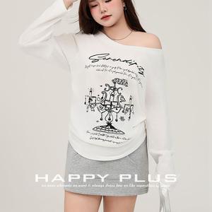 Happy Plus T-shirt imprimé à manches longues et épaules dénudées pour femme, haut en coton tricoté, grande taille, blanc N9183 - Product Image 1