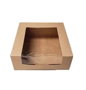 Natural Kraft Colour Food Grade Paper Cake Bakery Pie Gift Cake Boxes With Two Sides Clear Window