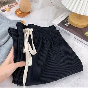 Women Mid Wide Leg Loose Anti-Wrinkle Quick Dry <b>Vintage</b> Stripe Elastic Straight Knitted 180g <b>Trousers</b> Drawstring Summer Pants - Product Image 4