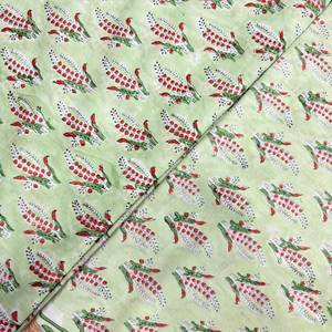 Tela de algodón estampada a mano en verde marino con motivos florales botánicos rojos para kurtis, camisas y manualidades, en suave verde menta. - Product Image 2