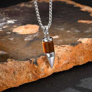 Paslanmaz Çelik Gümüş Kaplama Kaplan Gözü Taşlı Zincir Kolye Erkek Su Geçirmez Hipoalerjenik Trendy Hediye Takı - Product Image 4