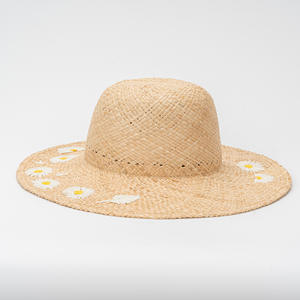 Chapeau de paille en raphia à <span class=keywords><strong>large</strong></span> bord rond et plat, style japonais, motif de petites marguerites, ajouré à carreaux, pour femme, idéal pour la plage, la campagne et la ferme, protection solaire estivale - Product Image 3