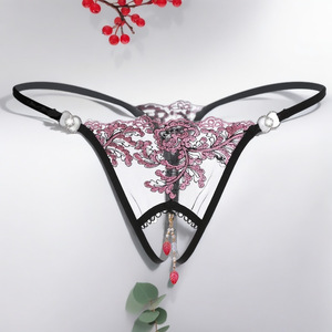 Lingerie sexy pour femme avec grandes perles, broderie, string à entrejambe ouvert, taille basse, nœud, perles, pour adultes - Product Image 5