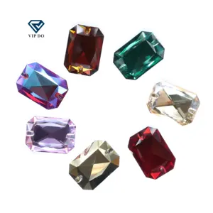 Wholesale Octagon cut flat button sew on stone diamond double hole Emerald shape glass crystal diamond DIY clothes accessories