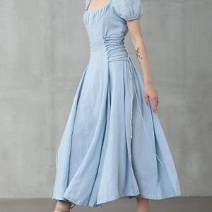 Vestido de Playa con Cinturón a Precio de Mayoreo, Vestido de Lino Vintage con Cuello de Lazo y Manga Corta, Vestido Elegante de Verano para Mujer - Product Image 2