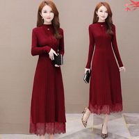 Huachao Top moda mujer manga larga Slim Fit suéter de punto otoño falda de encaje vestido con cintura Natural colección de diseñador
