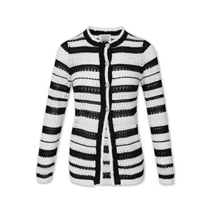 High Quality Round Neck Long Sleeve Striped Knit Cardigan Sweater For Women