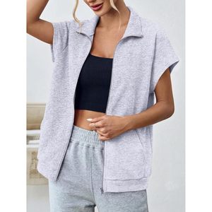Sudadera sin mangas con cremallera para mujer, de gran tamaño, de color liso, con bolsillos, informal, transpirable, de punto - Product Image 5