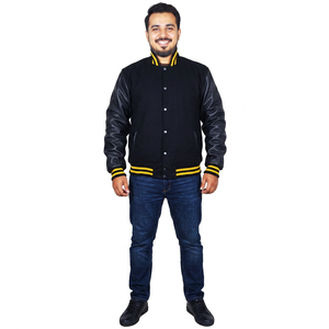 Wholesale Custom Men's Varsity Jacket 100% <b>Leather</b> Cool Style Letterman Jacket with Stand CollegeBaseballjacket for men - Product Image 1
