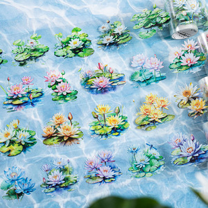Pegatinas de bricolaje botánicas de cebado fresco europeo, Serie de estanque de loto de verano, manual de cinta troquelada, 1 rollo de agua activada para enmascarar - Product Image 2