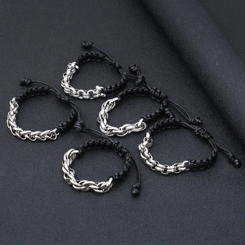 Adjustable Stainless Steel Link Chain Cowhide Genuine Leather Bracelet