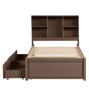 Modern Twin Size Bed Frame with 2 Storage Drawers & <b>Bookcase</b> Headboard Sturdy <b>Solid</b> Walnut <b>Wood</b> for Spring Bedrooms & Apartments - Product Image 5