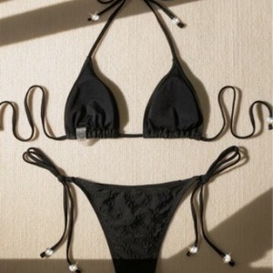 Bikini con cuello halter estilo europeo y americano con tela especial, traje de baño sexy, conjunto de dos piezas para mujer con lazo en color liso - Product Image 2