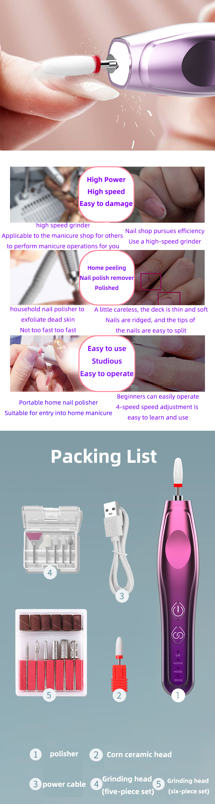 Electric Easy to replace the grinding head cordless Manicure Pedicure Grinding Polishing Gel nail drill Machine pen Tools