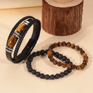 Tiger's Eye <b>Bracelet</b> Volcanic Stone <b>Bracelet</b> <b>Set</b> Men's Leather Jewelry Gift Fashion Jewelry <b>Sets</b> Yiwu Origin Round Ball Shape - Product Image 1