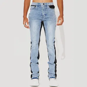 OEM ODM Men's Leather Panel Stacked Skinny Flare Blue Wash Denim Jeans Long Pants Custom Your Logo Color Size