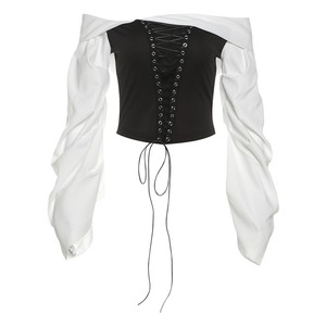 Camicia stringata a righe monospalla Sexy da donna autunno manica lunga e Mini abito corto alla moda 2 pezzi - Product Image 5