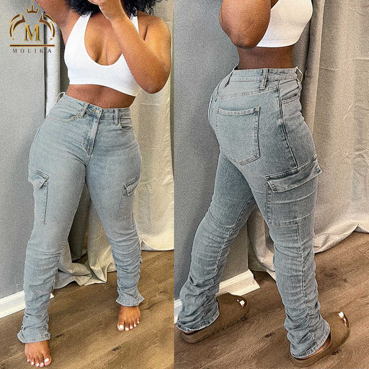 Trendy Women's Fashion Jeans Casual High Waist Zipper Pocket Slim Fit ...