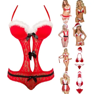 Body de malla de encaje con lazo Halter barato para mujer al por mayor, sujetador de Papá Noel Sexy para mujer, conjunto de lencería de Navidad G-String