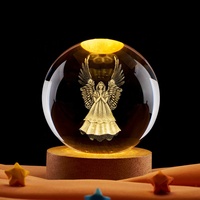 Boule de cristal personnalisée gravée au laser 3D avec ange chrétien, base en bois avec lumière LED, sphère religieuse, veilleuse décorative
