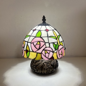LongHuiJing Tiffany Style Mushroom Table Lamps 8Inch Stained Glass Lamp Pink Rose Flower Vintage <b>Light</b> for Living Room Home - Product Image 2