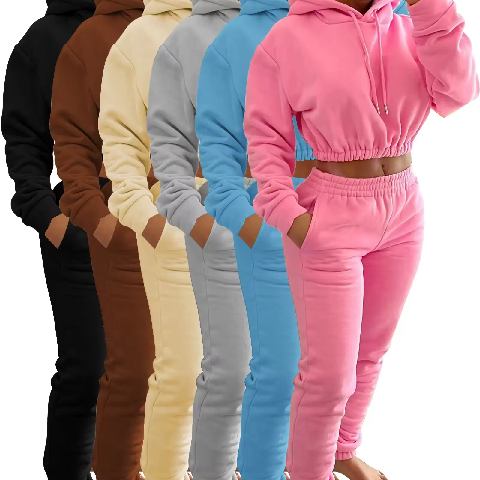 Grosir Set hoodie dua potong untuk wanita, baju Sweatshirt atasan crop Yoga seksi gaya baru, celana panjang Hem elastis Slim Fit, Set hoodie dua potong